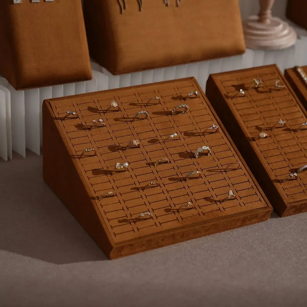 Jewelry - Terrace Sloped Jewelry Display Set in Caramel Vegan Suede - WHISPERING WOODS