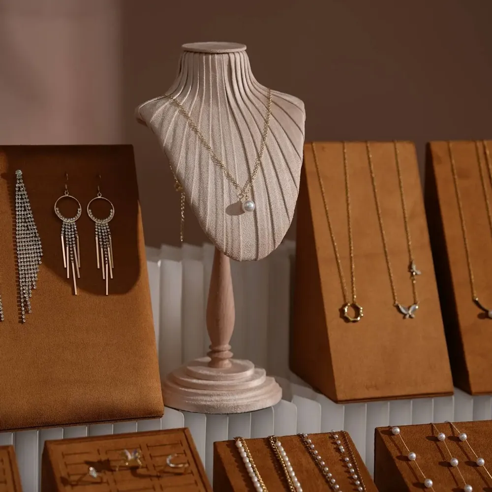 Jewelry - Terrace Sloped Jewelry Display Set in Caramel Vegan Suede - WHISPERING WOODS