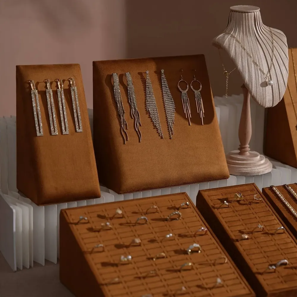 Jewelry - Terrace Sloped Jewelry Display Set in Caramel Vegan Suede - WHISPERING WOODS