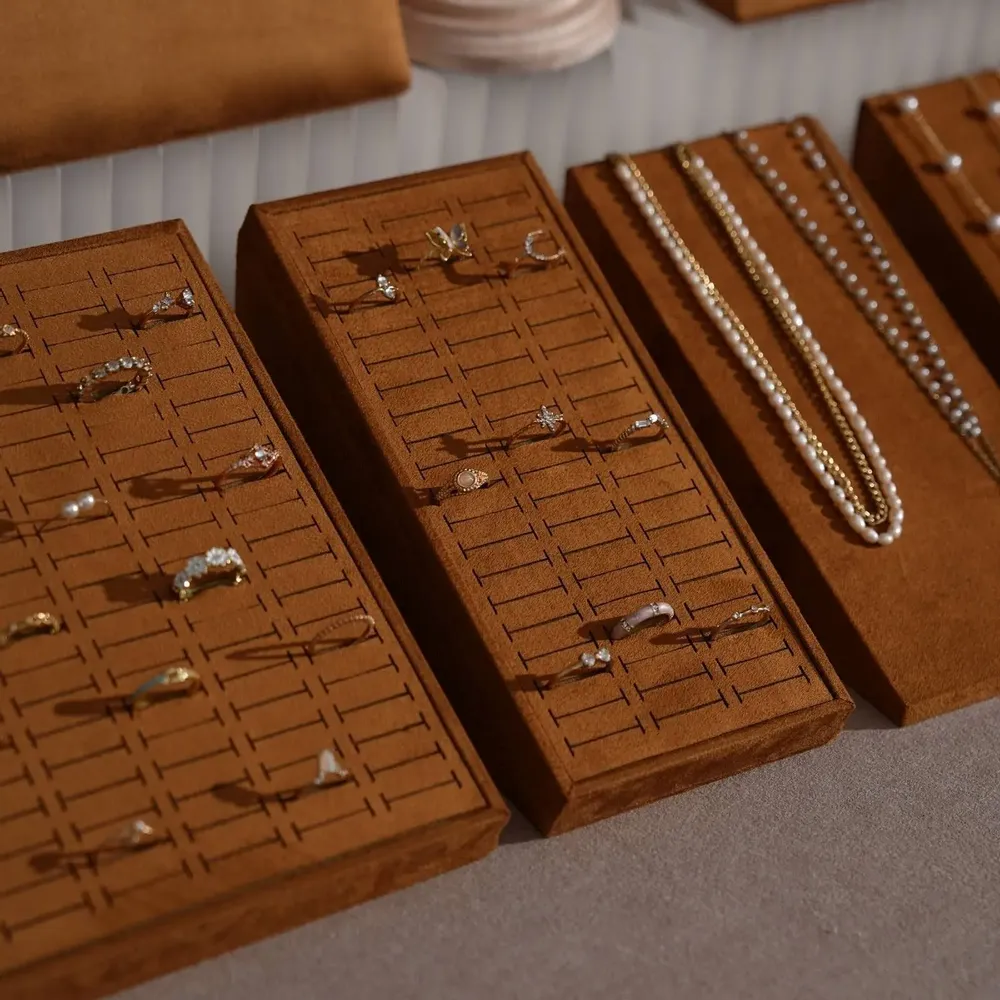 Jewelry - Terrace Sloped Jewelry Display Set in Caramel Vegan Suede - WHISPERING WOODS