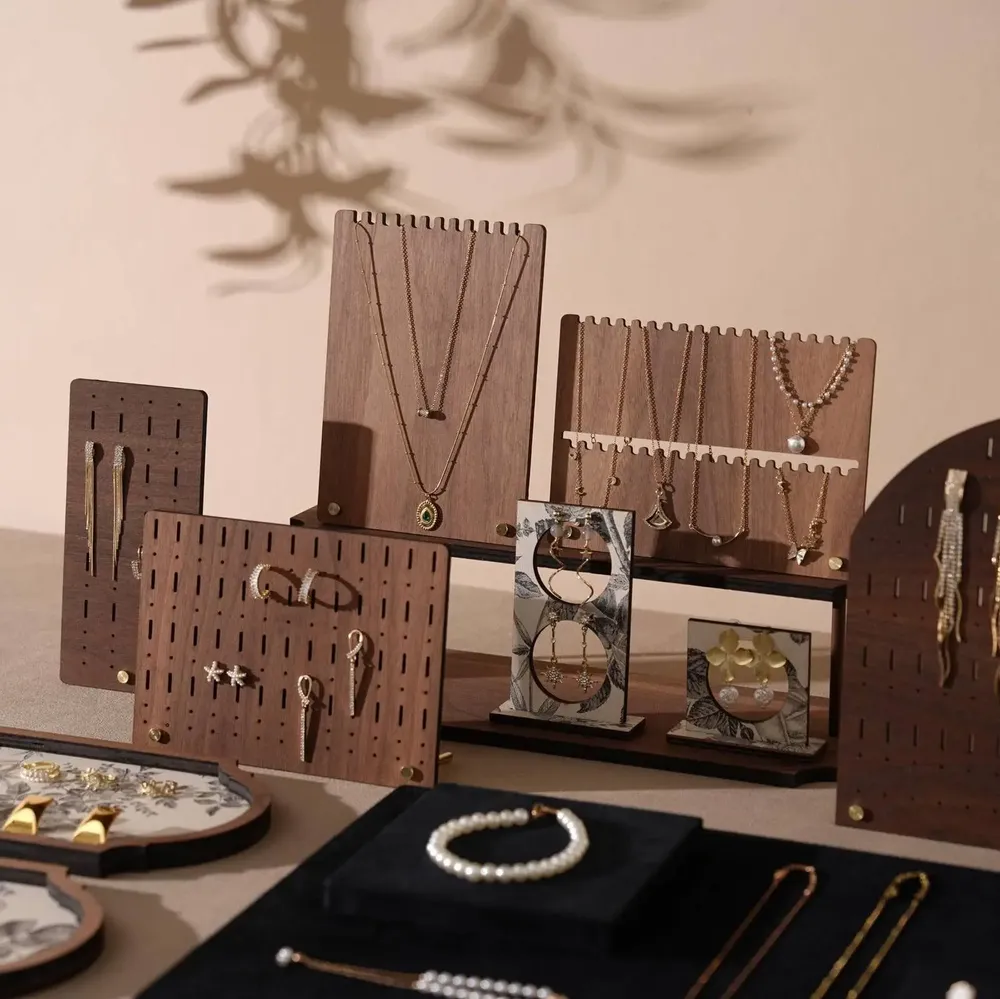 Jewelry - Walnut Veneer and Black Vegan Suede Jewelry Display Set - WHISPERING WOODS
