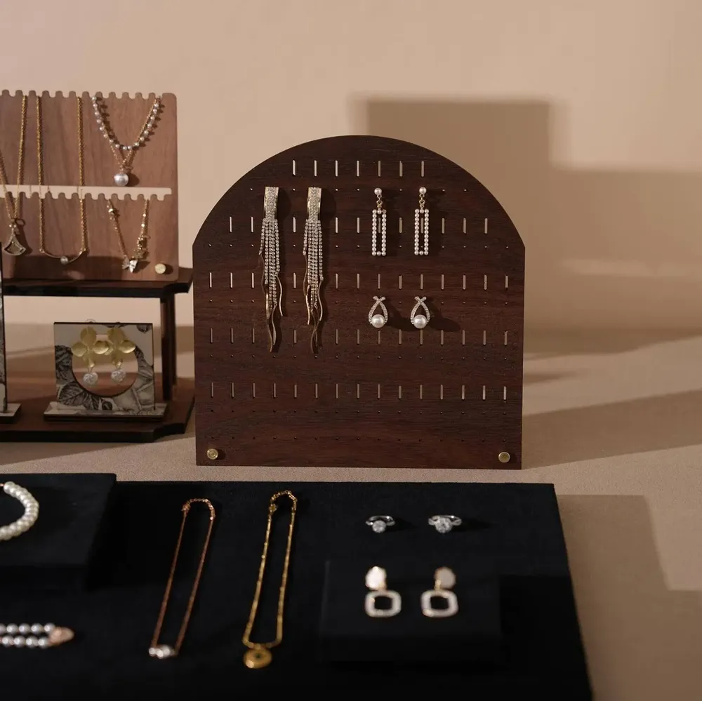 Jewelry - Walnut Veneer and Black Vegan Suede Jewelry Display Set - WHISPERING WOODS