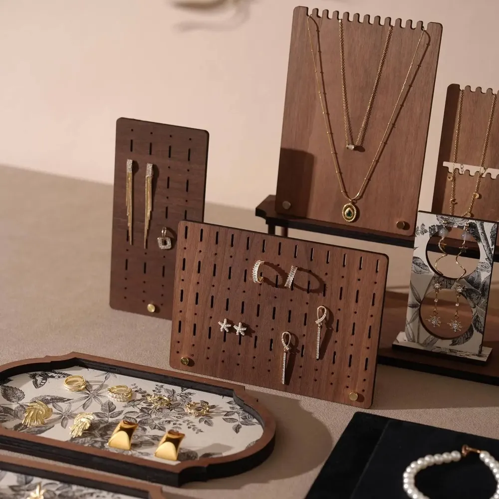 Jewelry - Walnut Veneer and Black Vegan Suede Jewelry Display Set - WHISPERING WOODS