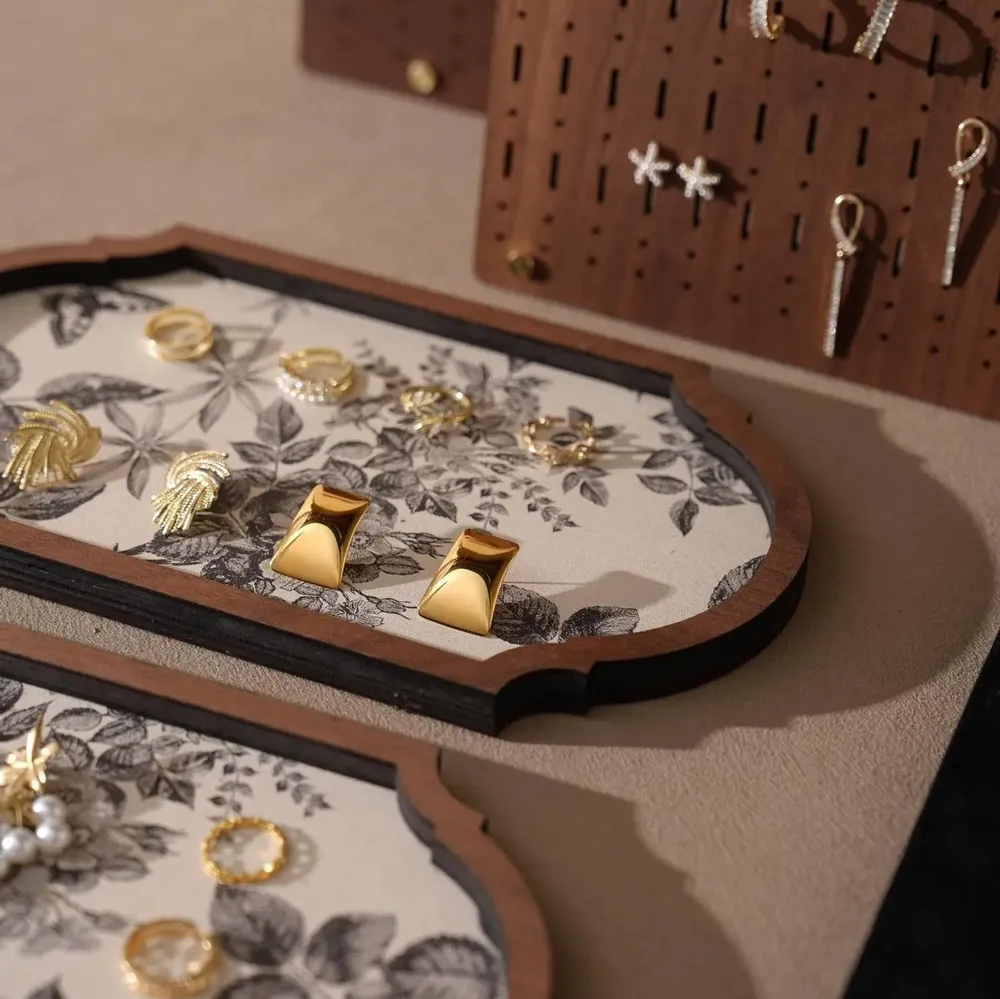 Jewelry - Walnut Veneer and Black Vegan Suede Jewelry Display Set - WHISPERING WOODS