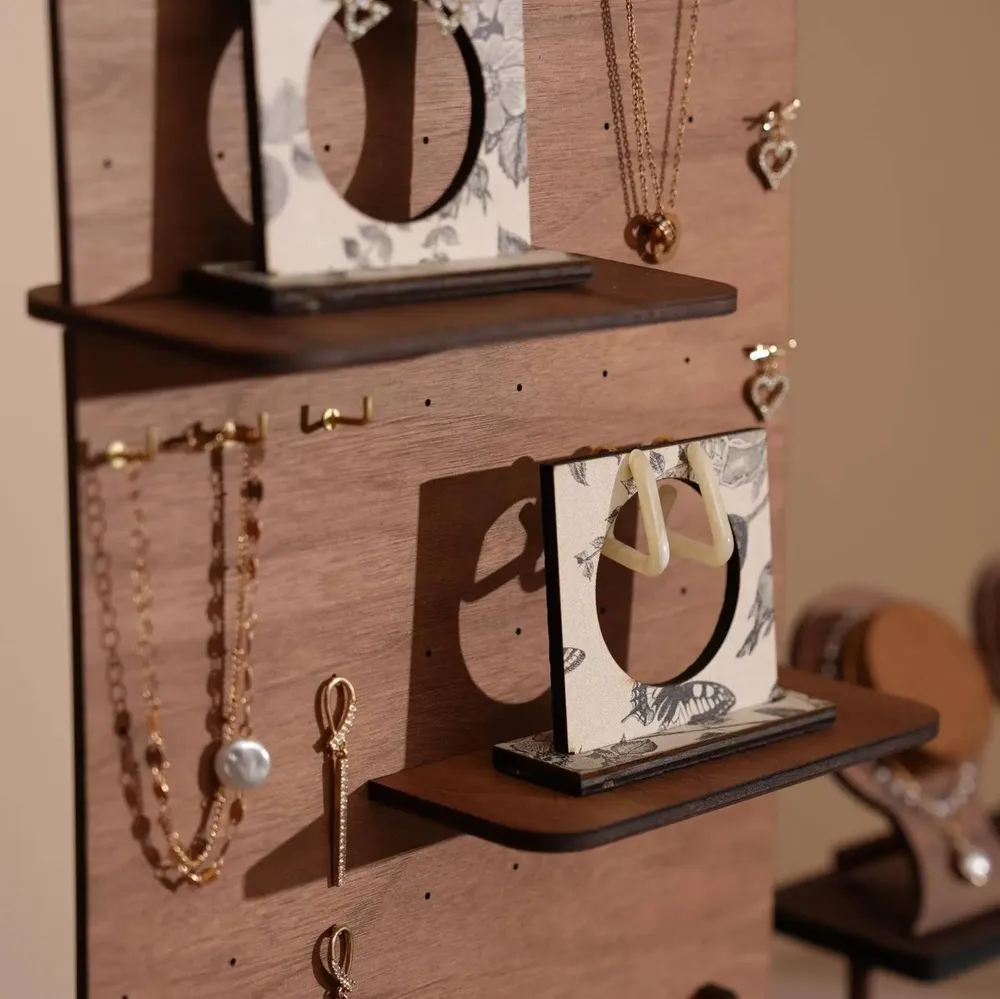 Jewelry - Large Walnut Veneer Jewelry Display Set with Stands and Trays - WHISPERING WOODS