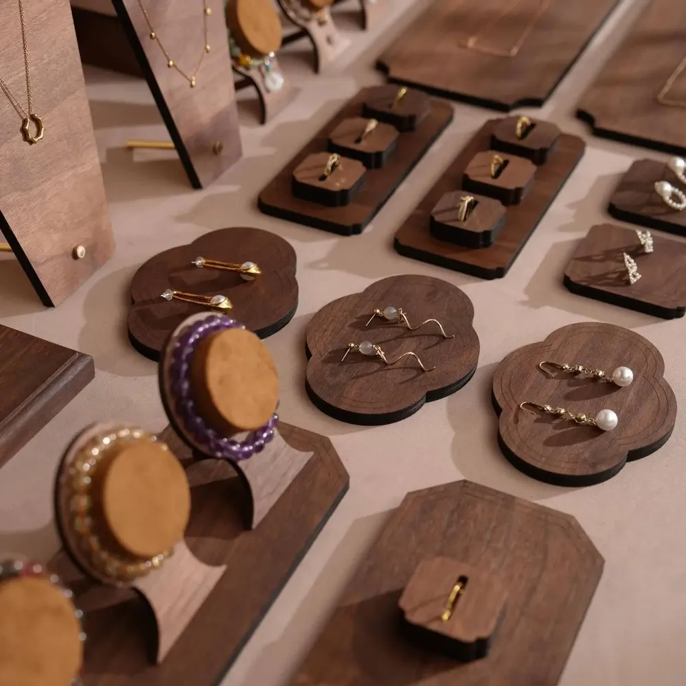 Jewelry - Large Walnut Veneer Jewelry Display Set with Stands and Trays - WHISPERING WOODS