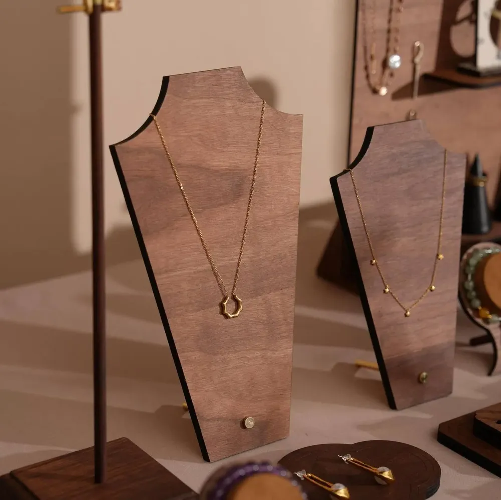 Jewelry - Large Walnut Veneer Jewelry Display Set with Stands and Trays - WHISPERING WOODS