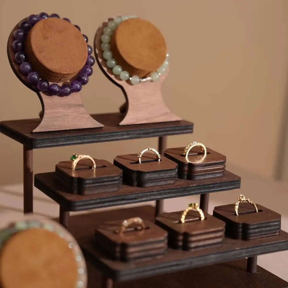 Jewelry - Large Walnut Veneer Jewelry Display Set with Stands and Trays - WHISPERING WOODS