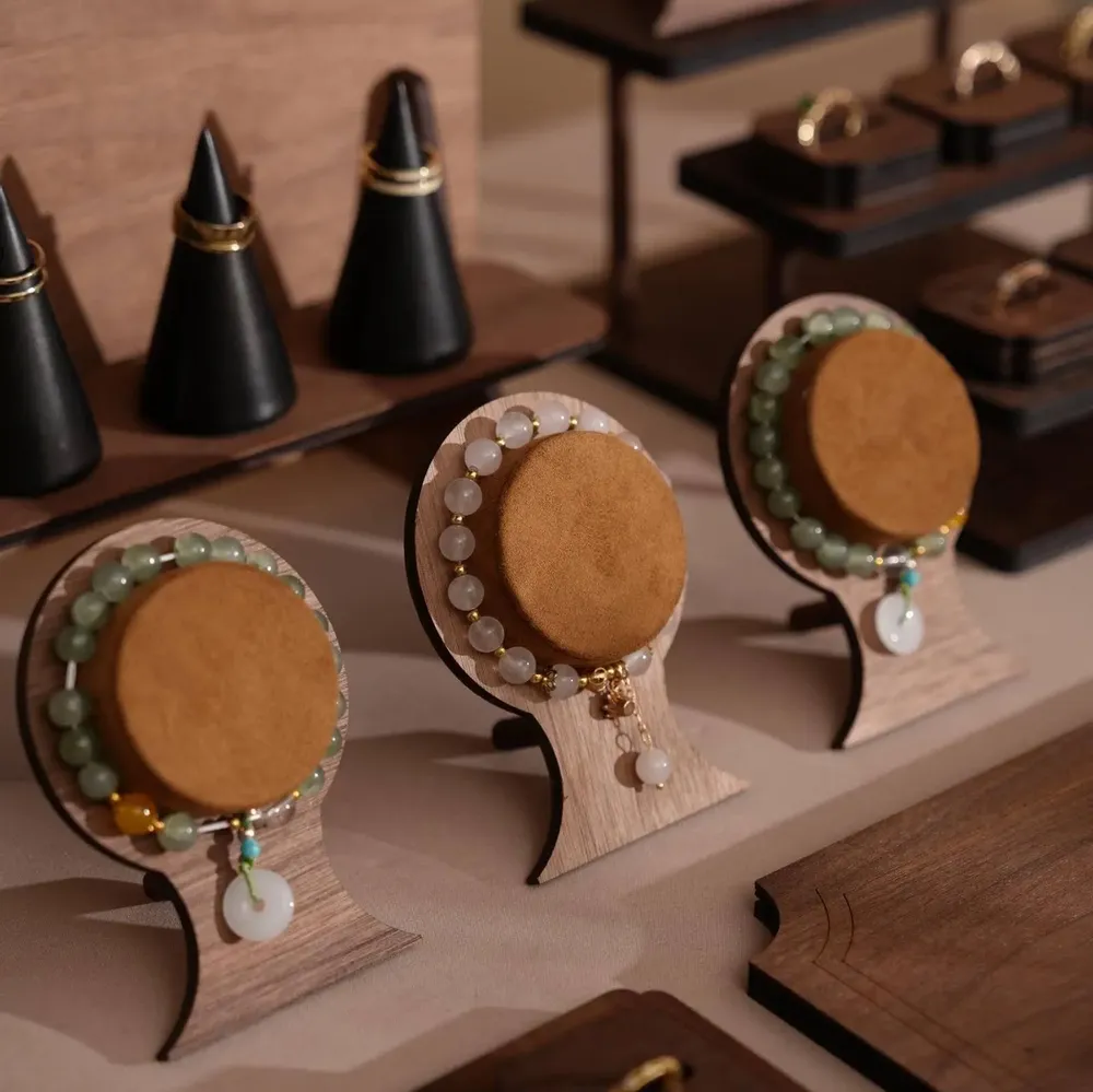 Jewelry - Large Walnut Veneer Jewelry Display Set with Stands and Trays - WHISPERING WOODS