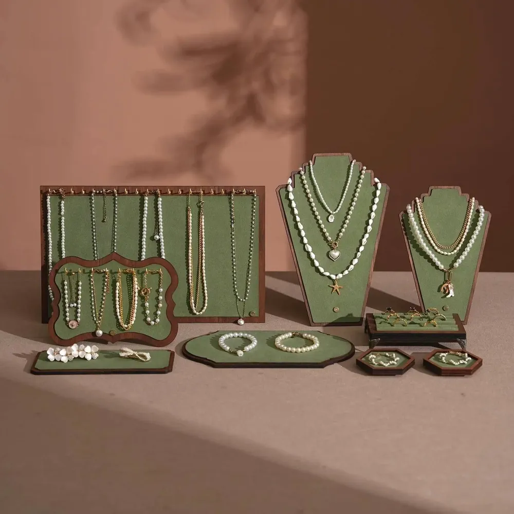 Jewelry - Walnut Veneer and Green Vegan Leather Jewelry Display Set - WHISPERING WOODS
