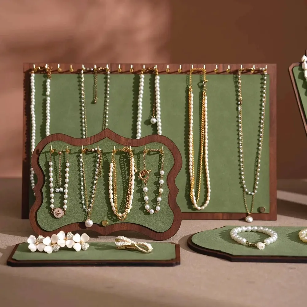 Jewelry - Walnut Veneer and Green Vegan Leather Jewelry Display Set - WHISPERING WOODS