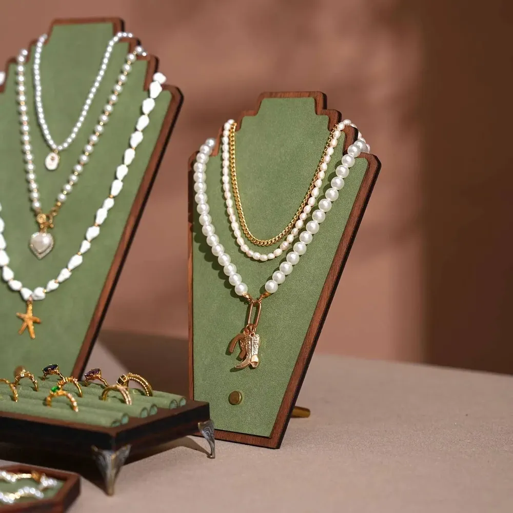Jewelry - Walnut Veneer and Green Vegan Leather Jewelry Display Set - WHISPERING WOODS