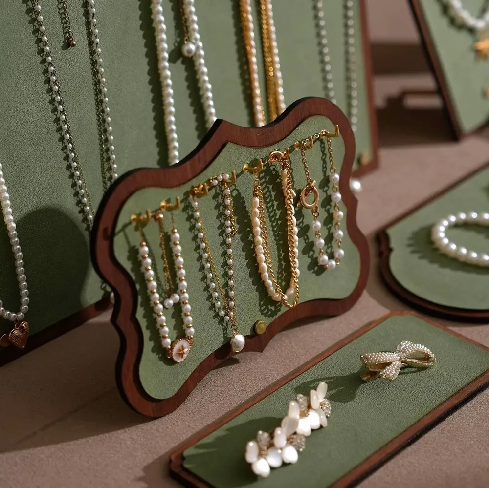 Jewelry - Walnut Veneer and Green Vegan Leather Jewelry Display Set - WHISPERING WOODS