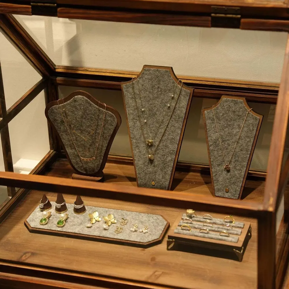 Jewelry - Walnut Veneer and Grey Felt Jewelry Display Set - WHISPERING WOODS