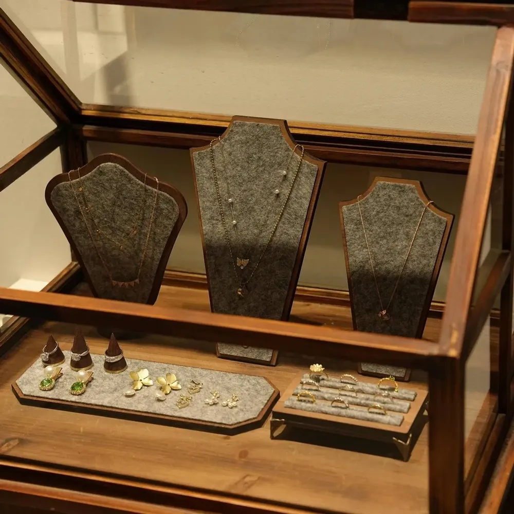 Jewelry - Walnut Veneer and Grey Felt Jewelry Display Set - WHISPERING WOODS