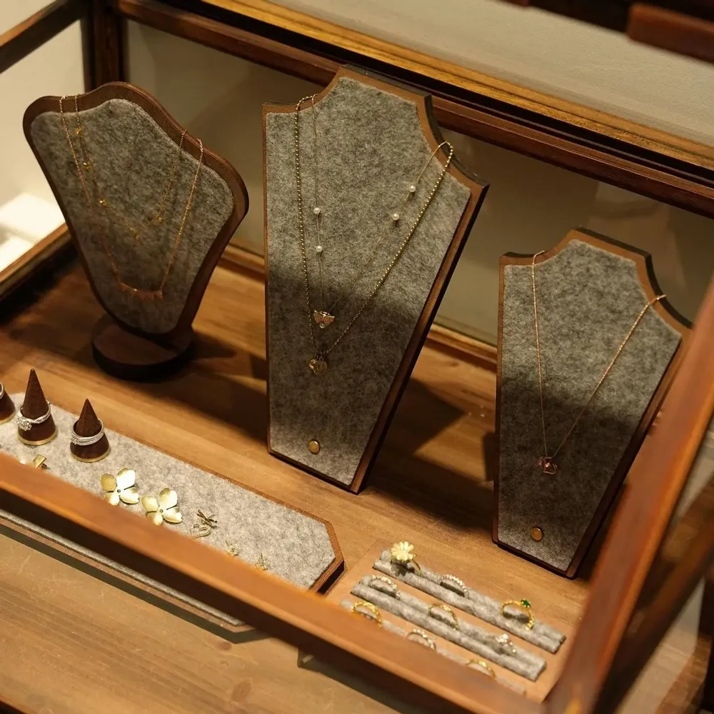 Jewelry - Walnut Veneer and Grey Felt Jewelry Display Set - WHISPERING WOODS
