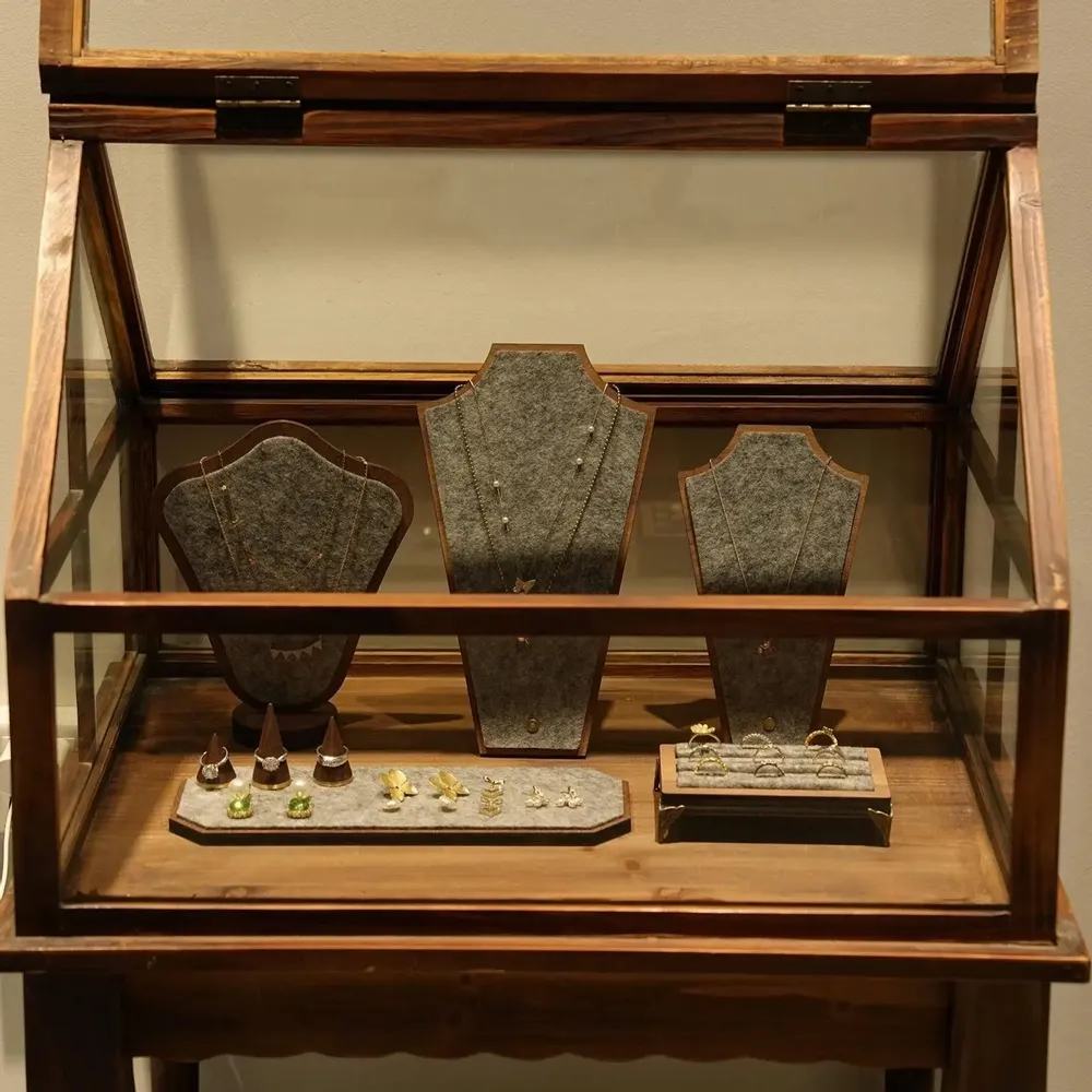Jewelry - Walnut Veneer and Grey Felt Jewelry Display Set - WHISPERING WOODS