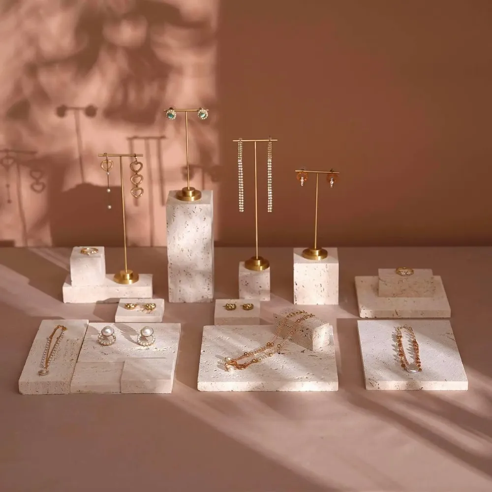 Jewelry - Yellow Travertine Jewelry Display Set with Brass T-Bar Stands - WHISPERING WOODS