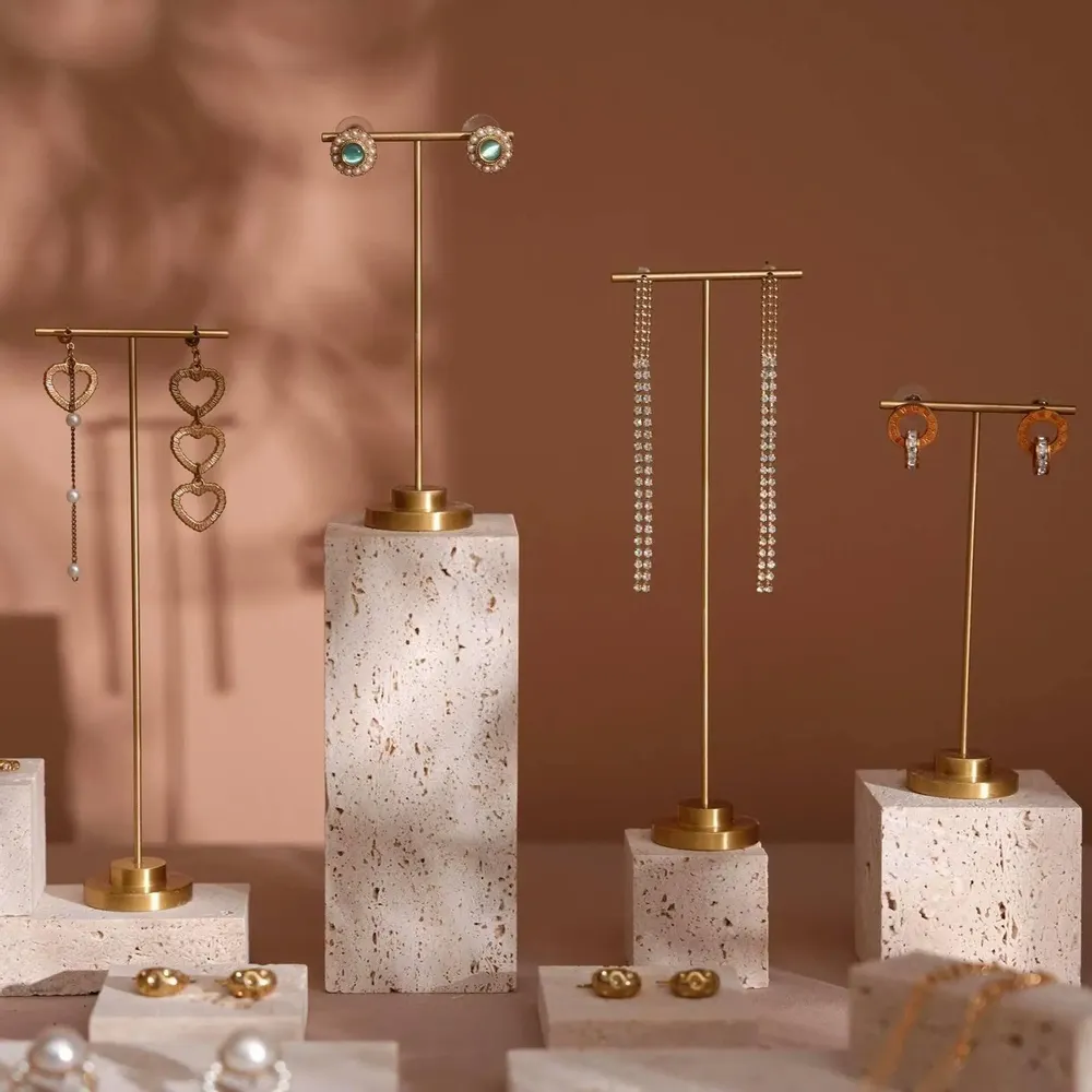 Jewelry - Yellow Travertine Jewelry Display Set with Brass T-Bar Stands - WHISPERING WOODS