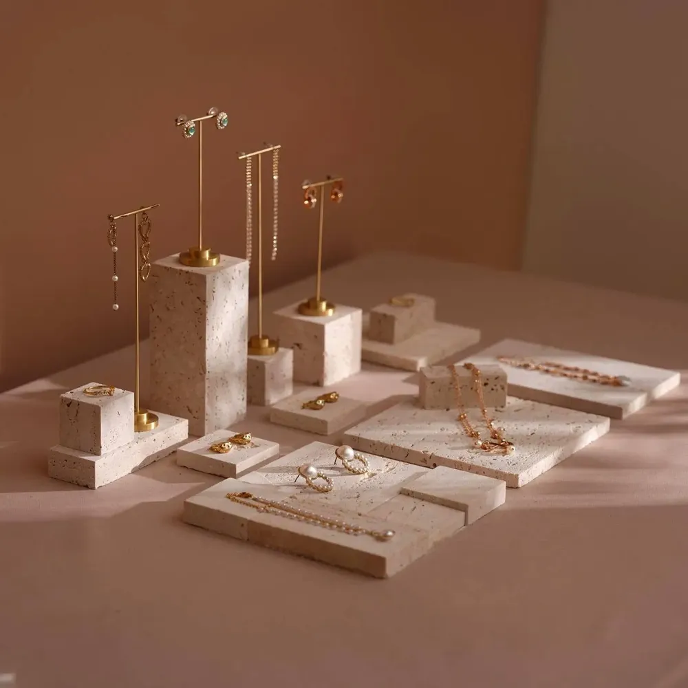 Jewelry - Yellow Travertine Jewelry Display Set with Brass T-Bar Stands - WHISPERING WOODS