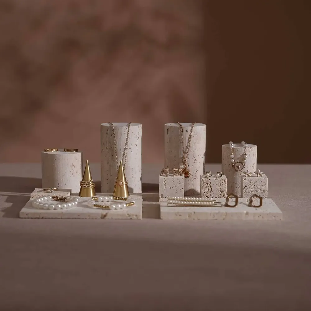 Jewelry - Yellow Travertine Jewelry Display Set with Brass Ring Cones - WHISPERING WOODS