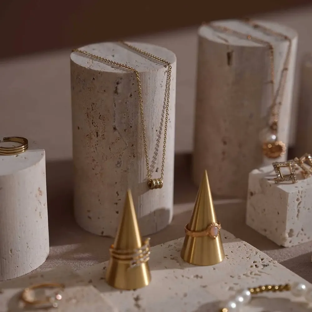 Jewelry - Yellow Travertine Jewelry Display Set with Brass Ring Cones - WHISPERING WOODS