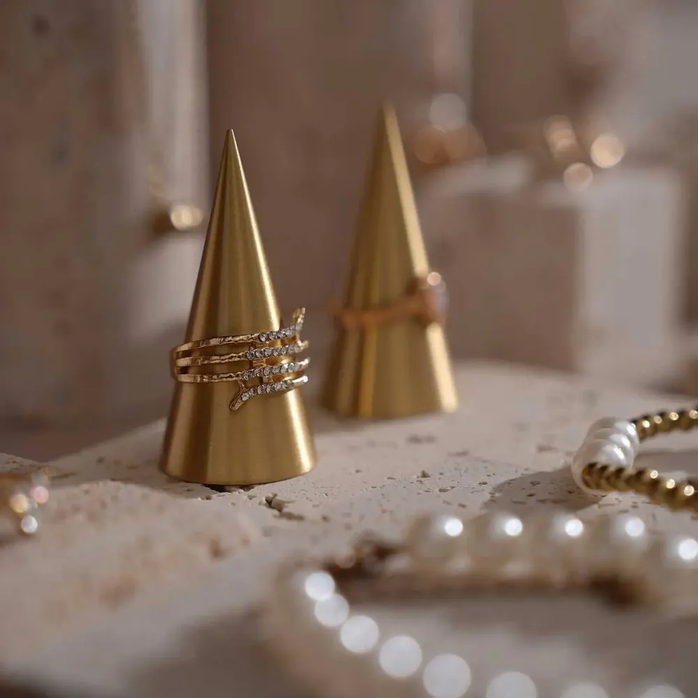 Jewelry - Yellow Travertine Jewelry Display Set with Brass Ring Cones - WHISPERING WOODS