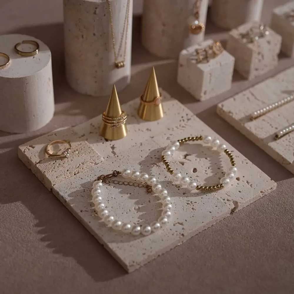 Jewelry - Yellow Travertine Jewelry Display Set with Brass Ring Cones - WHISPERING WOODS