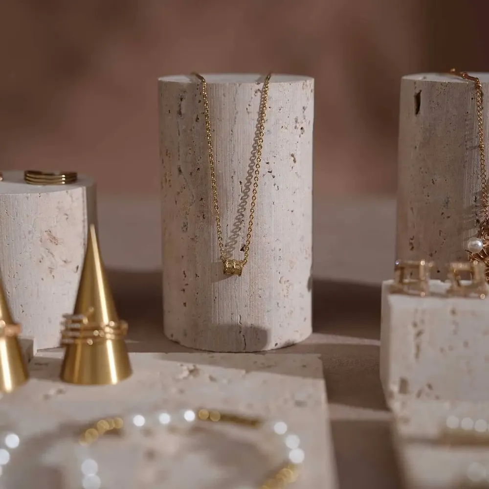 Jewelry - Yellow Travertine Jewelry Display Set with Brass Ring Cones - WHISPERING WOODS