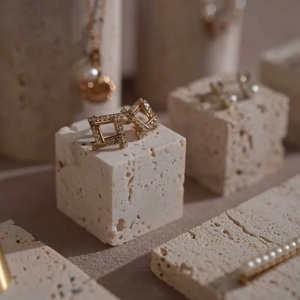 Jewelry - Yellow Travertine Jewelry Display Set with Brass Ring Cones - WHISPERING WOODS