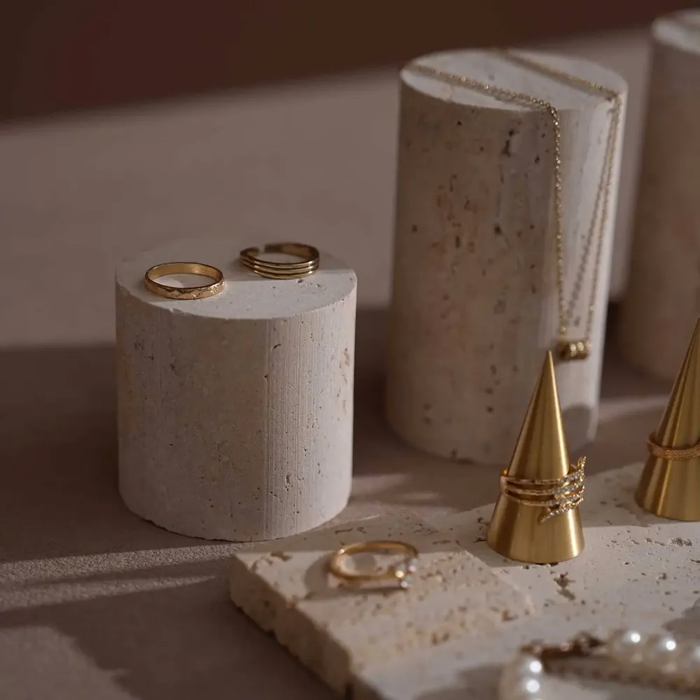 Jewelry - Yellow Travertine Jewelry Display Set with Brass Ring Cones - WHISPERING WOODS