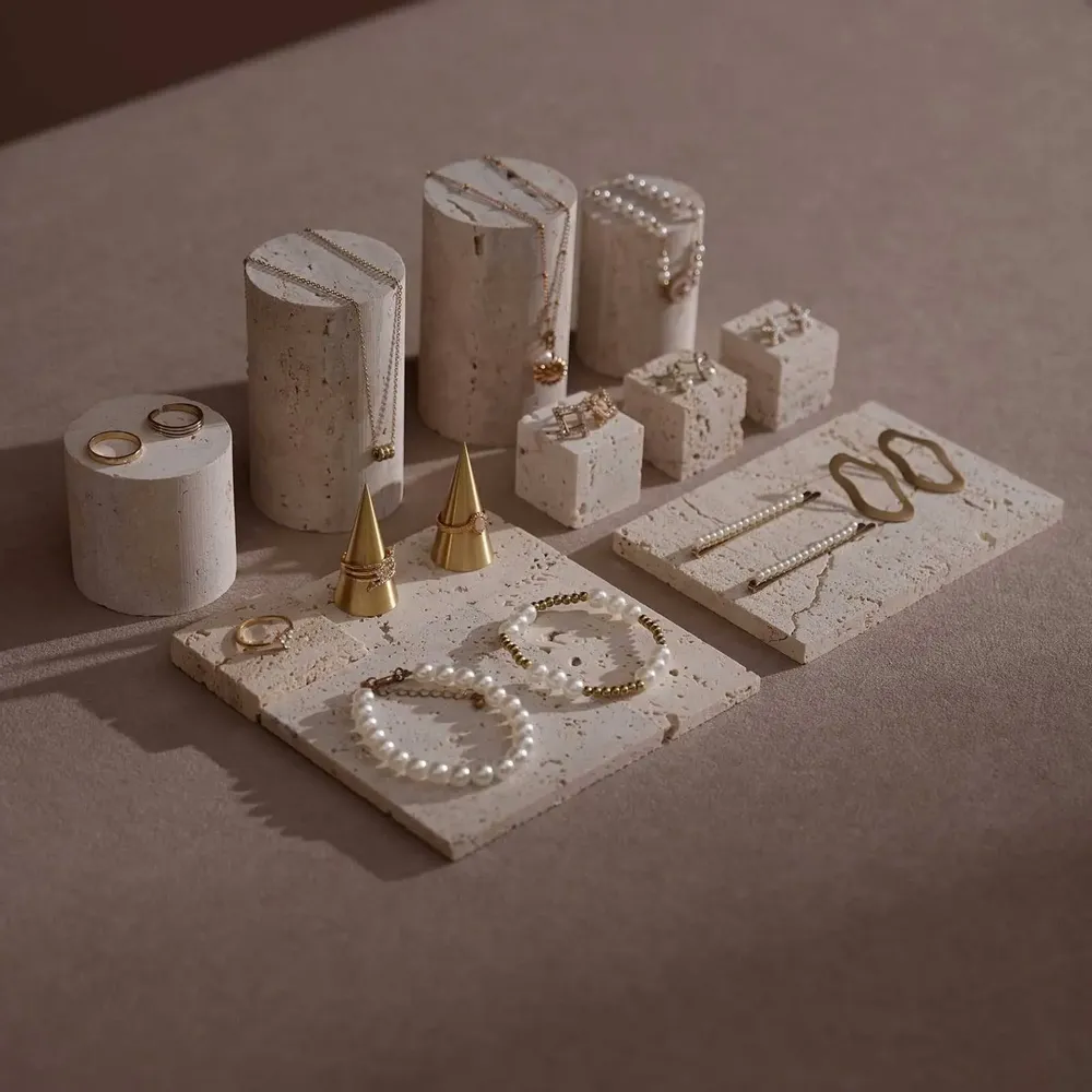 Jewelry - Yellow Travertine Jewelry Display Set with Brass Ring Cones - WHISPERING WOODS