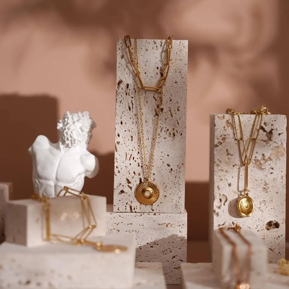 Jewelry - Yellow Travertine Jewelry Display Set with Gypsum Sculpture - WHISPERING WOODS