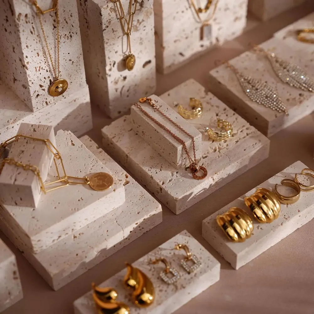 Jewelry - Yellow Travertine Jewelry Display Set with Gypsum Sculpture - WHISPERING WOODS