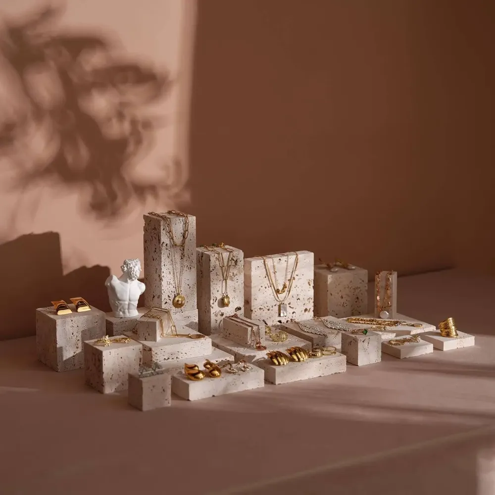 Jewelry - Yellow Travertine Jewelry Display Set with Gypsum Sculpture - WHISPERING WOODS