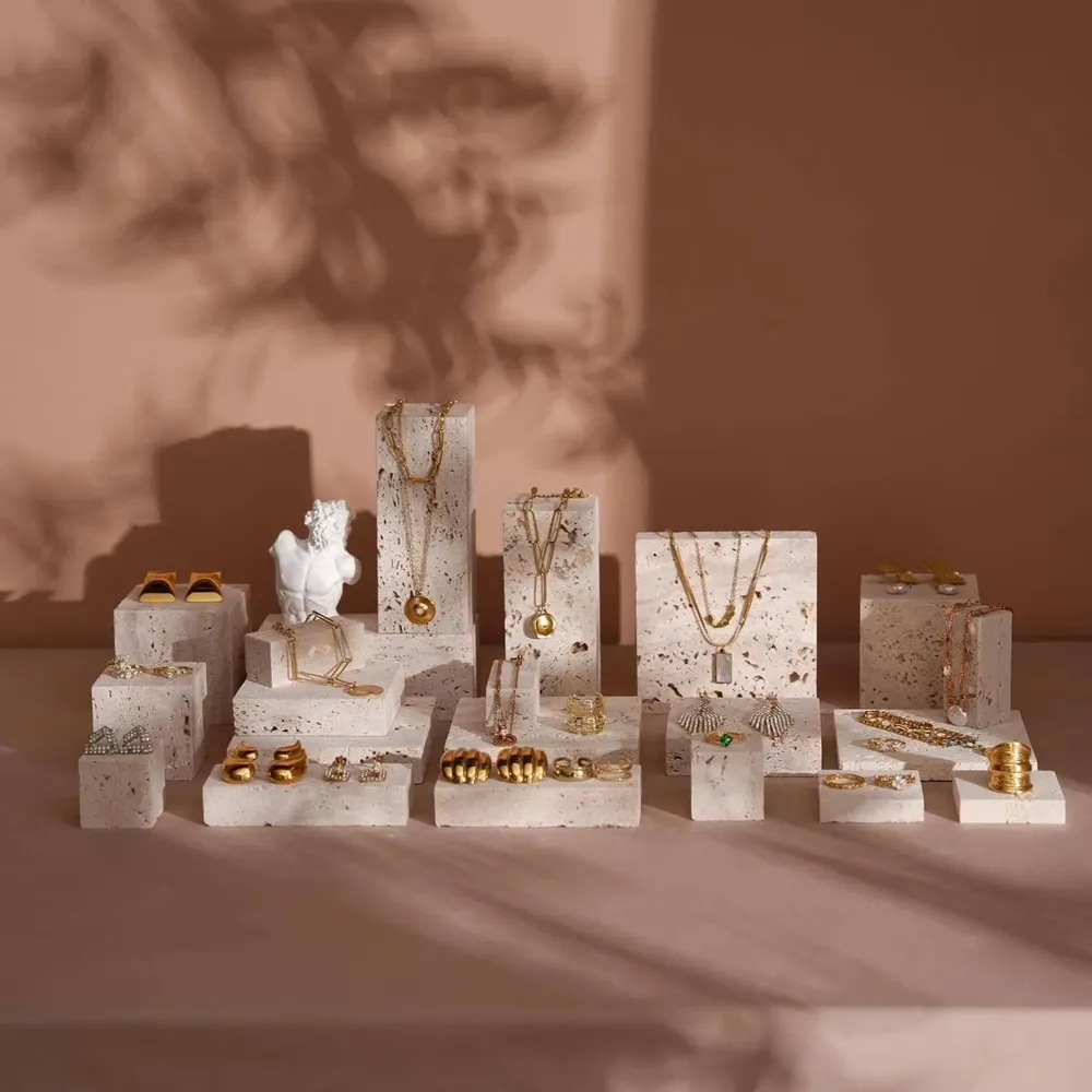 Jewelry - Yellow Travertine Jewelry Display Set with Gypsum Sculpture - WHISPERING WOODS