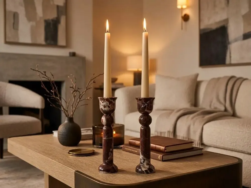 Christmas table settings - Rosso Levento red marble candle holder - SAGIT
