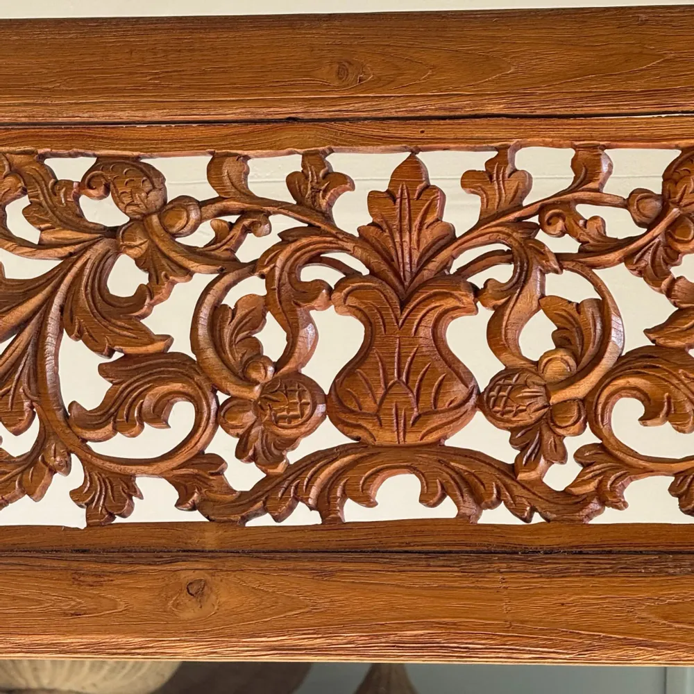Mirrors - Very large teak standing mirror with carved openwork pediment, Indones - OFFICE OBJETS
