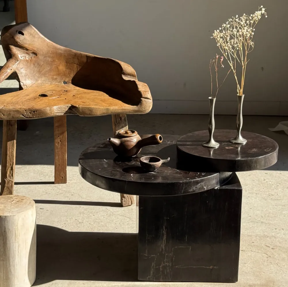 Tables basses - Table basse en bois pétrifié d’Indonésie à double plateau circulaire - OFFICE OBJETS