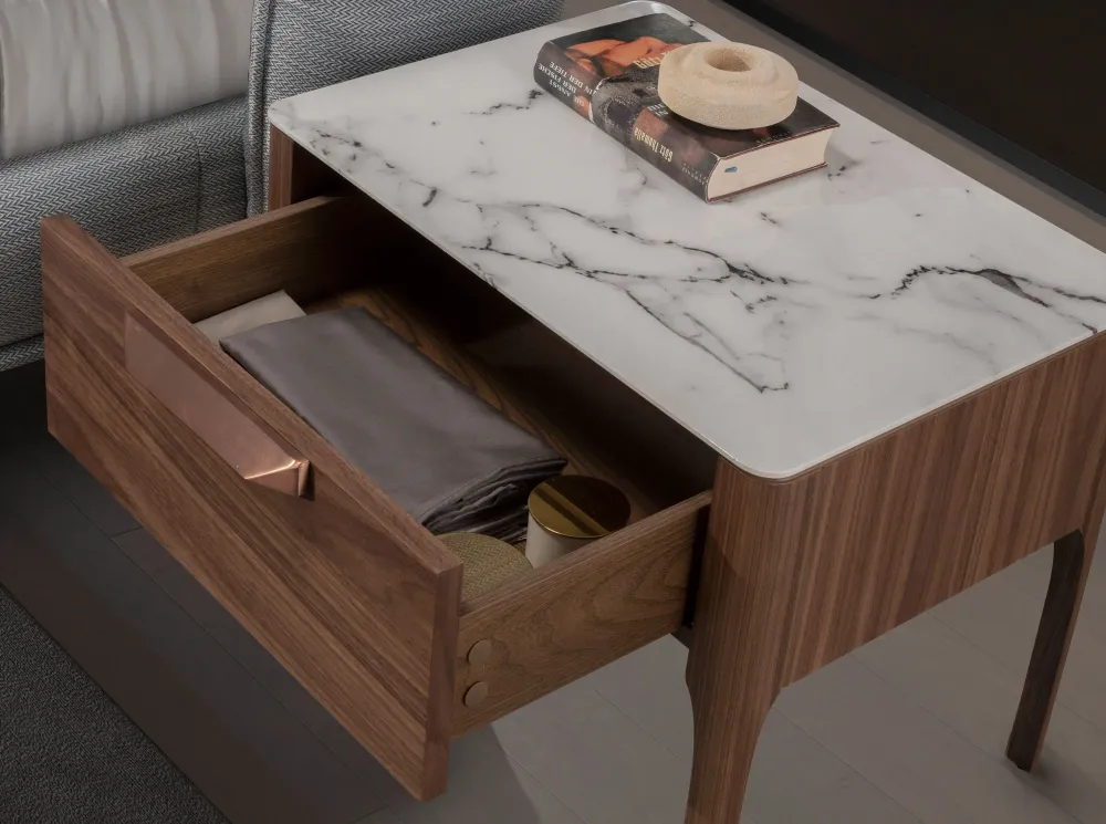 Night tables - Walnut and fiberglass bedside table with marble effect - ANGEL CERDÁ
