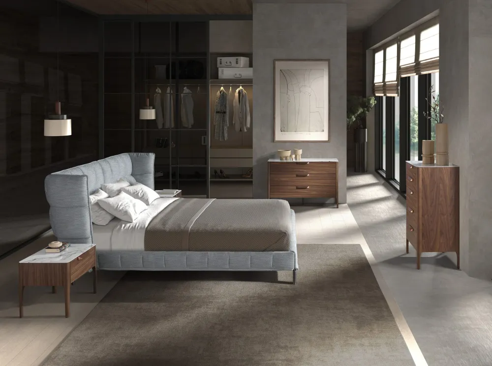 Night tables - Walnut and fiberglass bedside table with marble effect - ANGEL CERDÁ