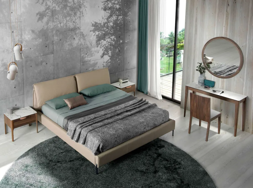 Night tables - Walnut and fiberglass bedside table with marble effect - ANGEL CERDÁ
