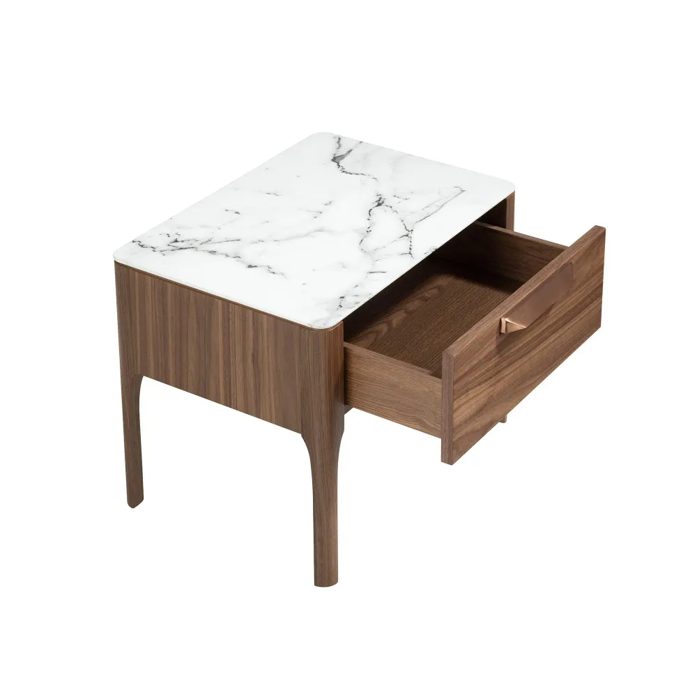 Night tables - Walnut and fiberglass bedside table with marble effect - ANGEL CERDÁ
