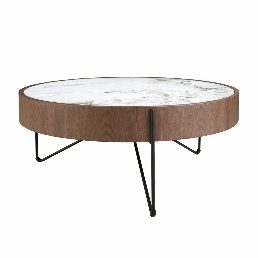 Coffee tables - Round coffee table in porcelain marble, walnut and black steel - ANGEL CERDÁ