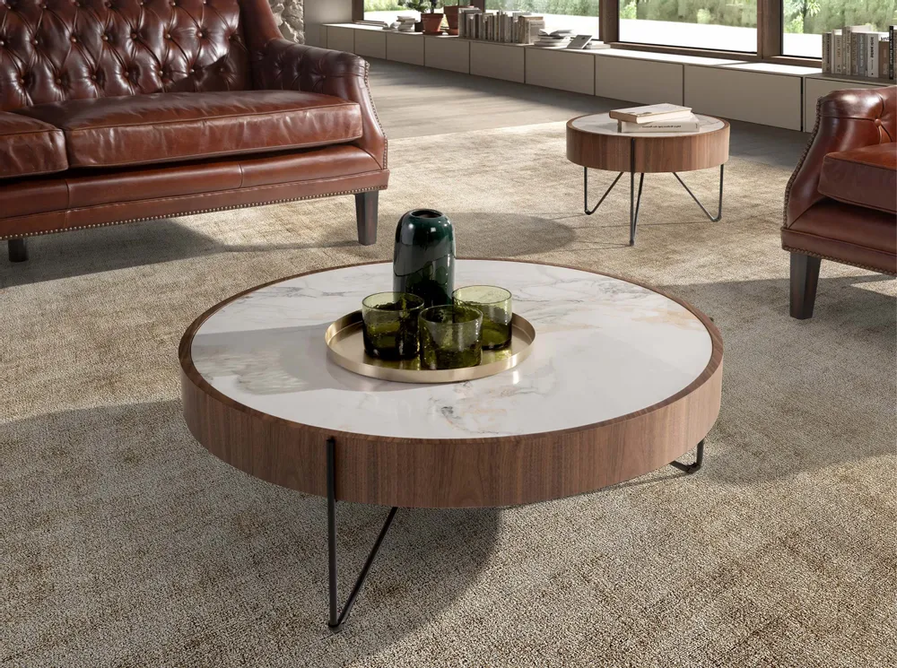 Coffee tables - Round coffee table in porcelain marble, walnut and black steel - ANGEL CERDÁ