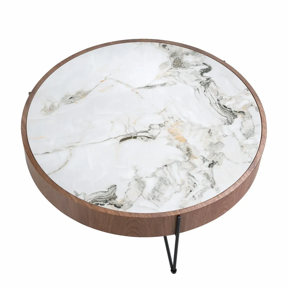 Coffee tables - Round coffee table in porcelain marble, walnut and black steel - ANGEL CERDÁ