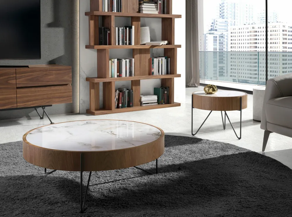 Coffee tables - Round coffee table in porcelain marble, walnut and black steel - ANGEL CERDÁ