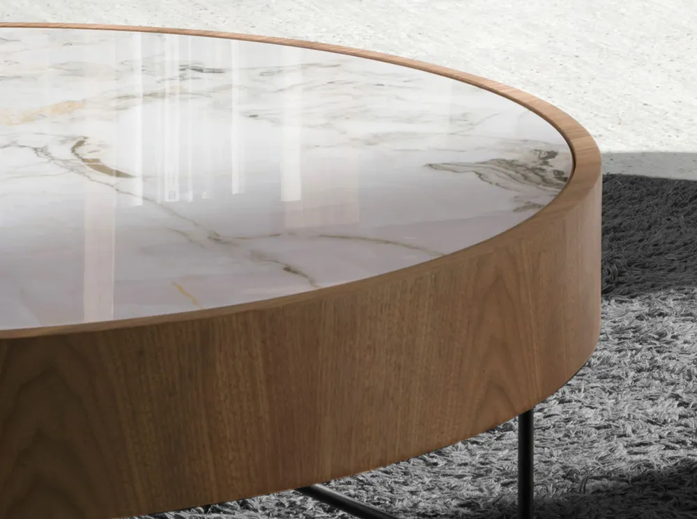 Coffee tables - Round coffee table in porcelain marble, walnut and black steel - ANGEL CERDÁ