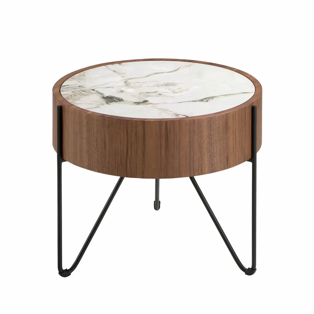 Tables basses - Table d'angle ronde en marbre porcelaine, noyer et acier noir - ANGEL CERDÁ
