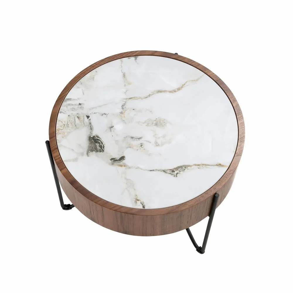 Tables basses - Table d'angle ronde en marbre porcelaine, noyer et acier noir - ANGEL CERDÁ